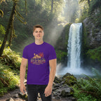 Purple crew-neck hiking T-shirt with “Out of Breath” society graphic on front