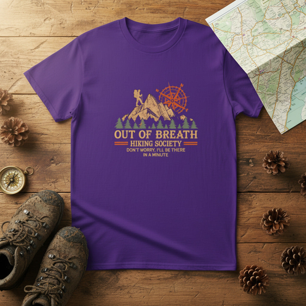Funny hiking T-shirt, purple, crew neck, front compass and mountain graphic