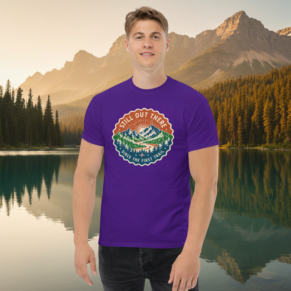 Purple T-shirt featuring a circular trail badge graphic on the chest.