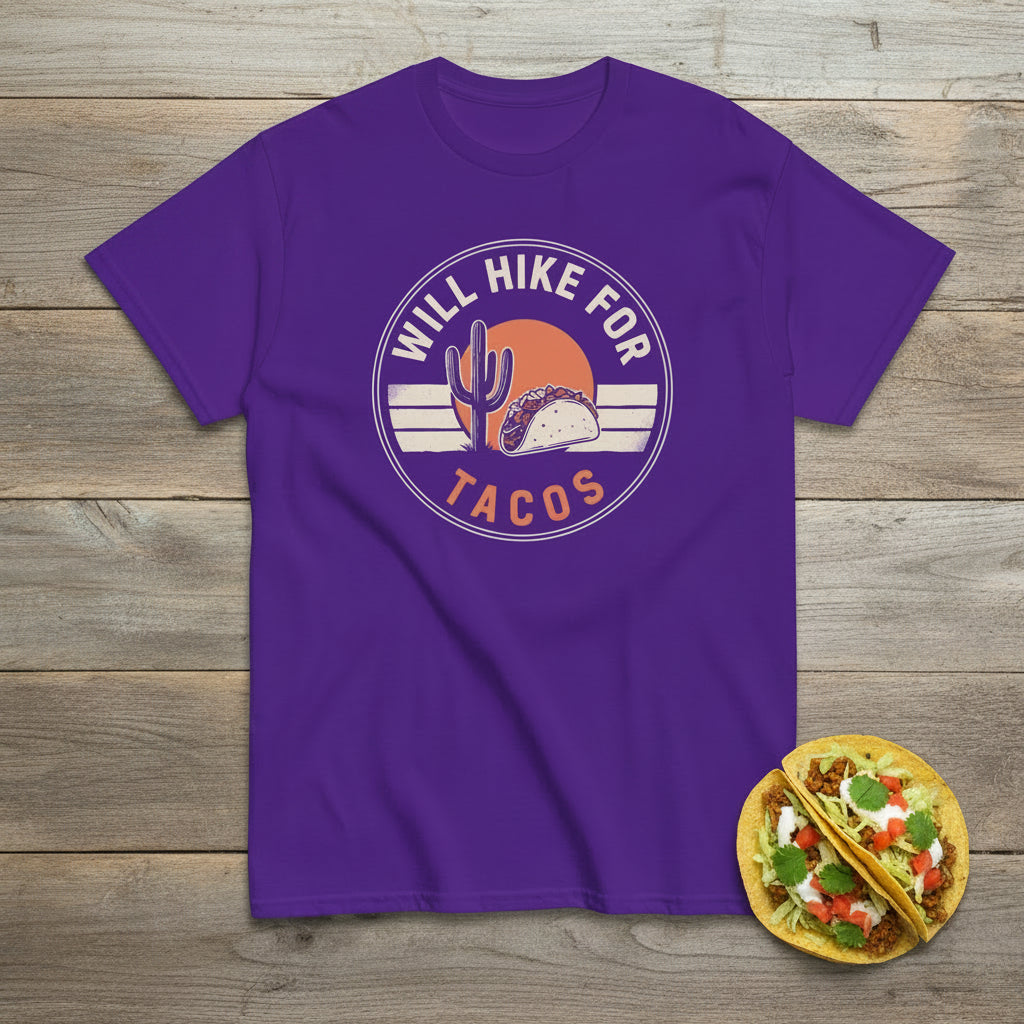 Purple T-shirt, flat lay, with circular cactus and taco “Will Hike For Tacos” graphic