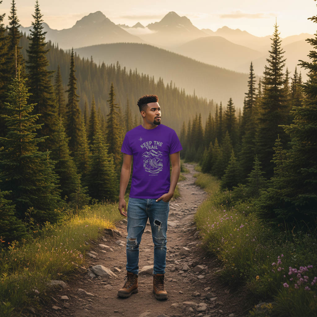 Man wearing a purple t-shirt with a graphic design and text on a 