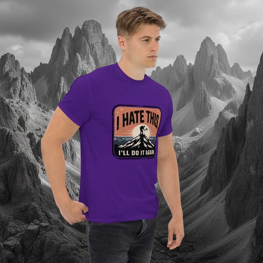 Purple hiking T-shirt with chest logo patch showing mountain silhouette and text.