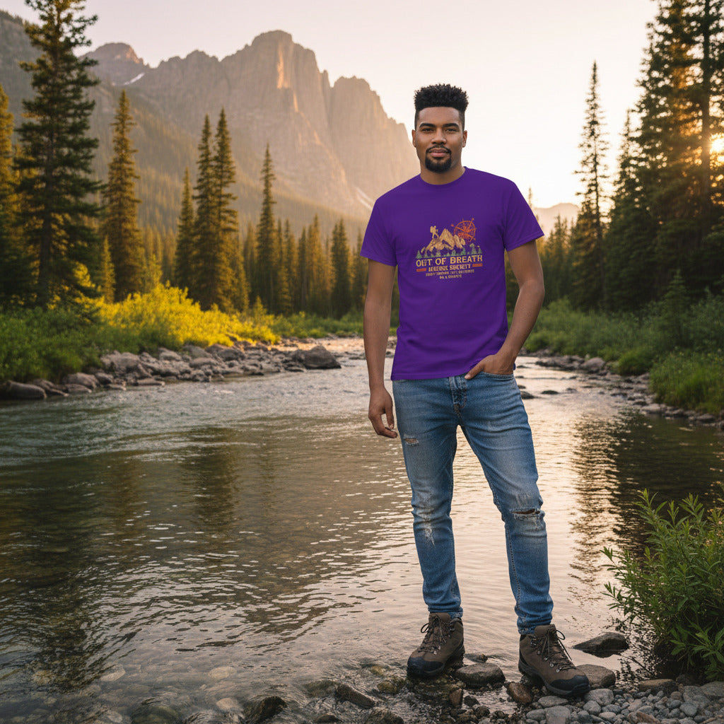 Funny hiking T-shirt, purple, crew neck, centered compass and mountain graphic