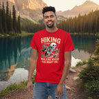 Red hiking T-shirt on model with skull-and-forest front graphic and text 'Walking where you might die'