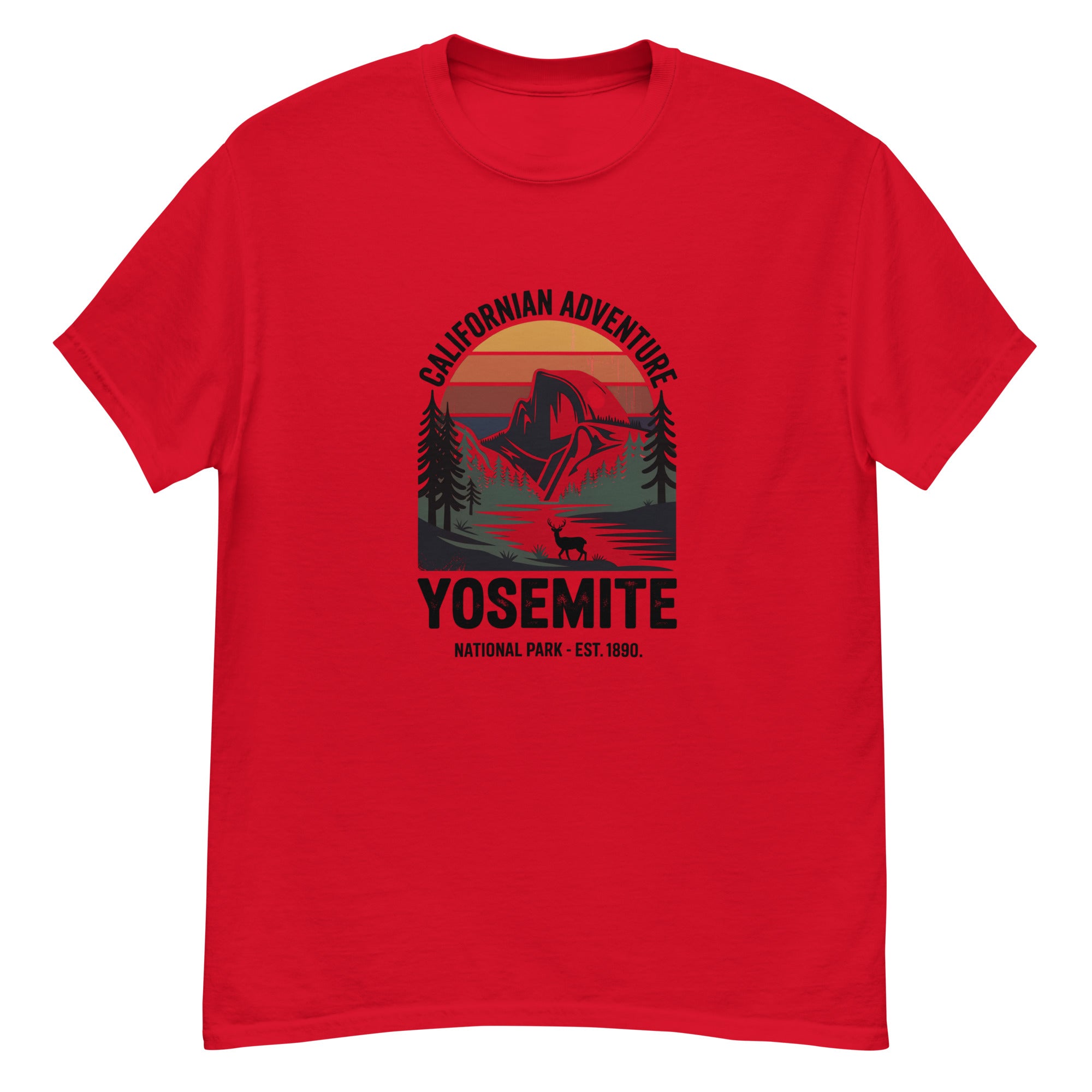 Red Yosemite hiking T-shirt with front Yosemite logo graphic