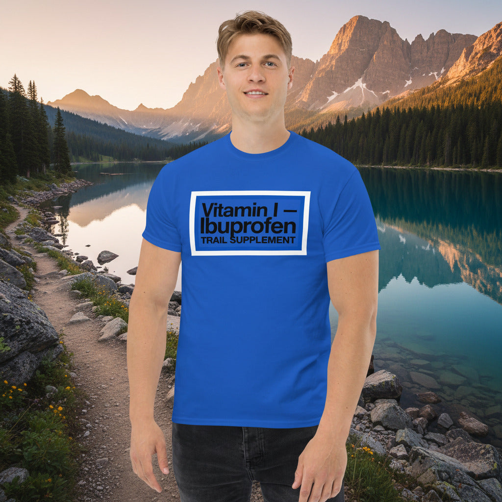 Blue Ibuprofen trail supplement T-shirt with rectangular logo front print