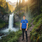 Blue hiking T-shirt with front 'Vitamin I–Ibuprofen' trail supplement logo, worn