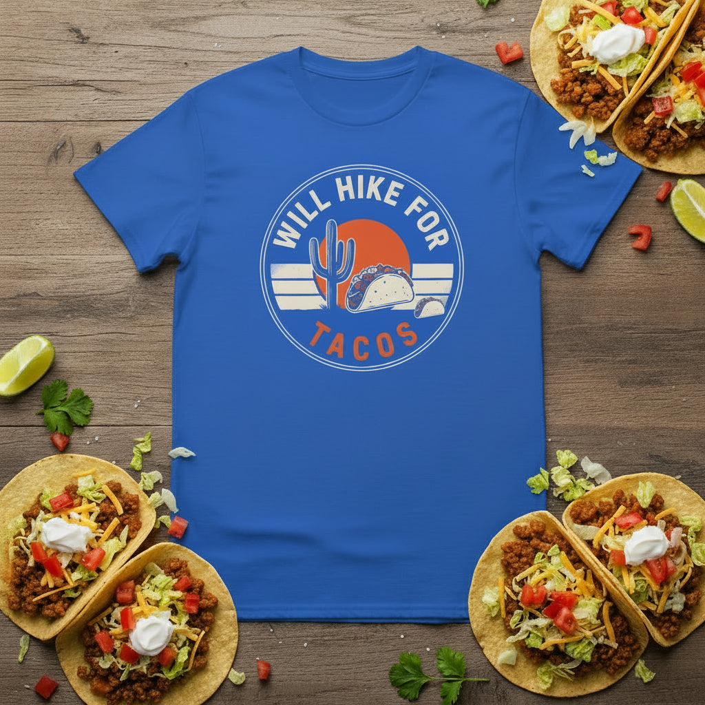 Blue hiking T-shirt with circular cactus and tacos graphic on front