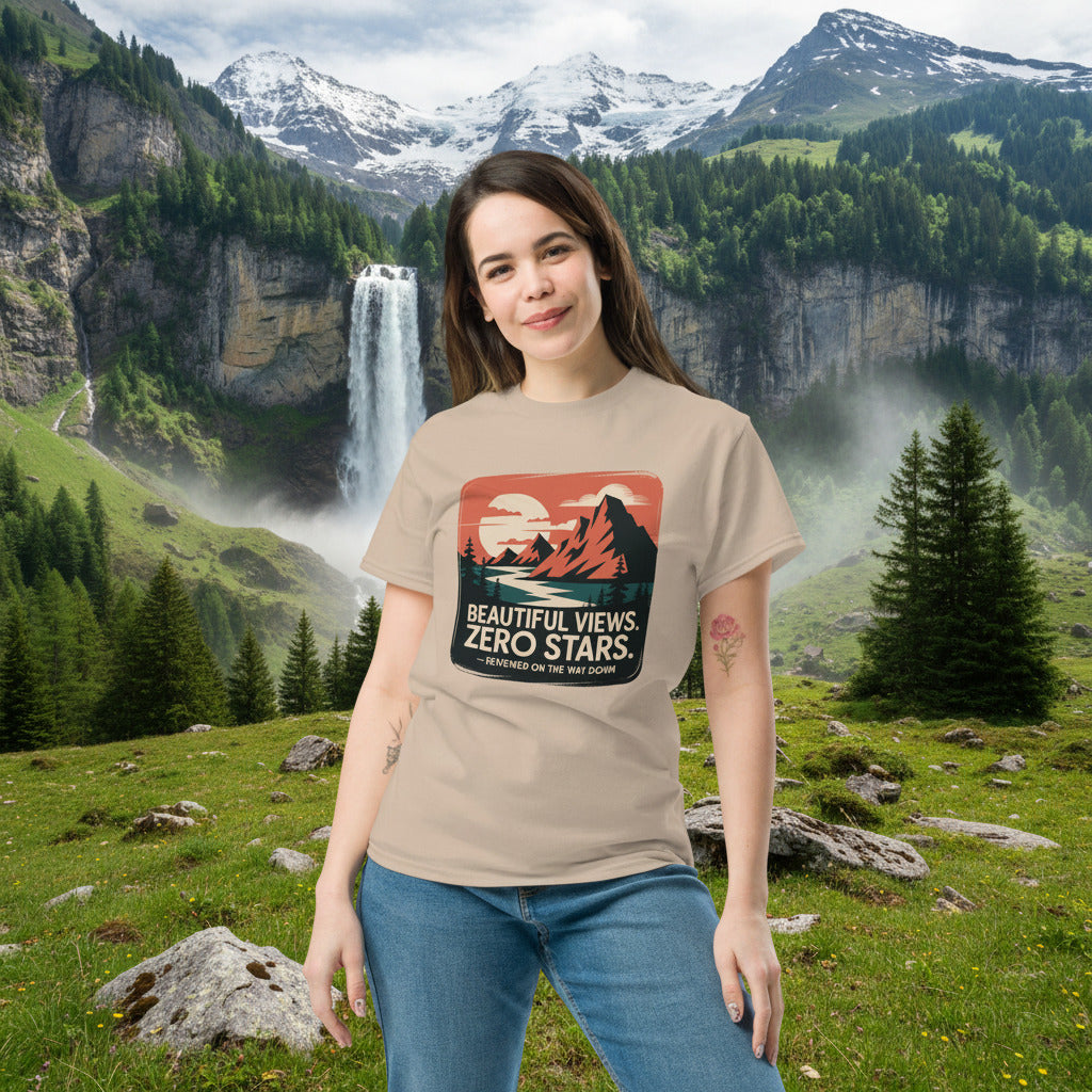 Hiking graphic T-shirt in light beige with “Beautiful Views, Zero Stars” chest print