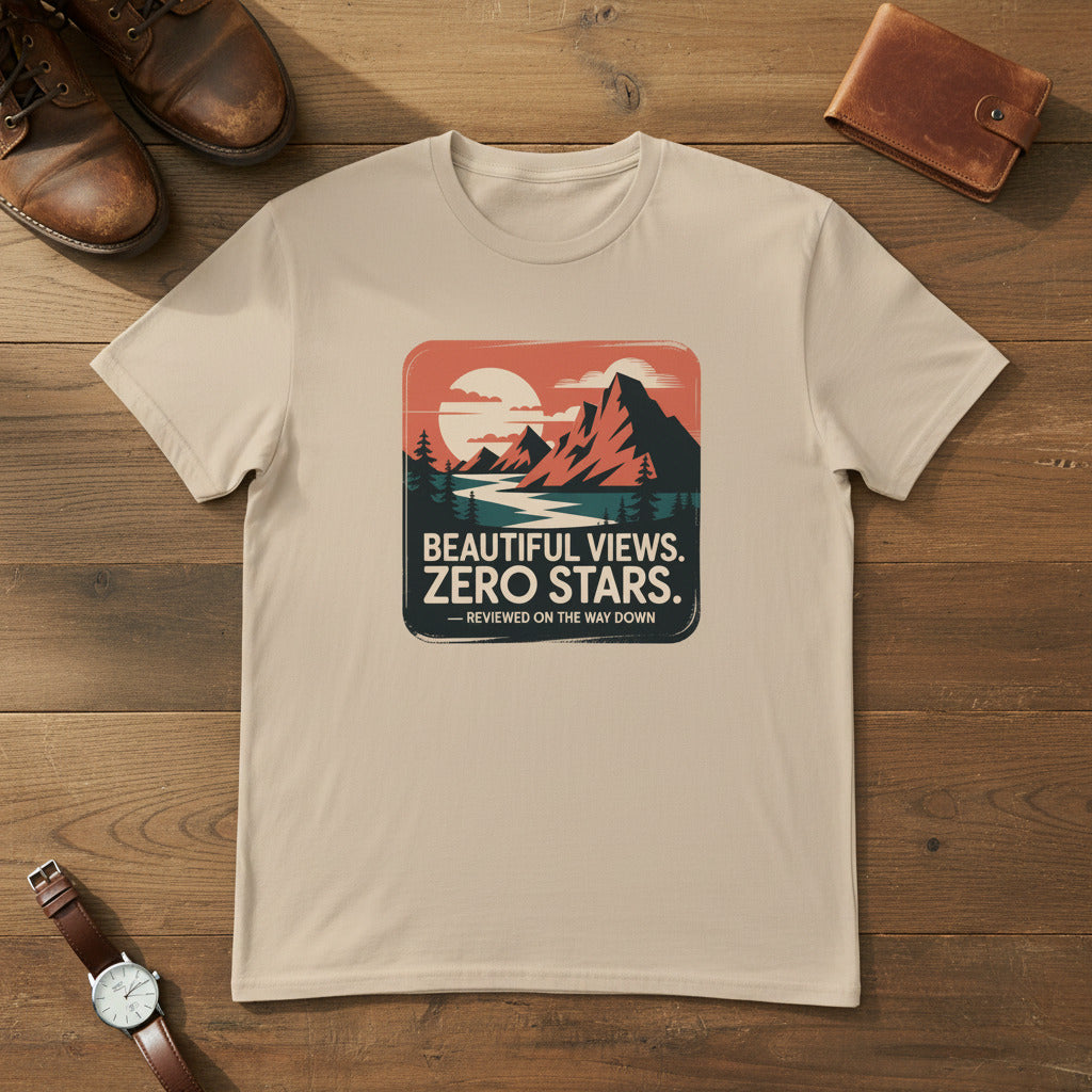 White hiking T-shirt with mountain graphic and “Beautiful Views. Zero Stars” print.