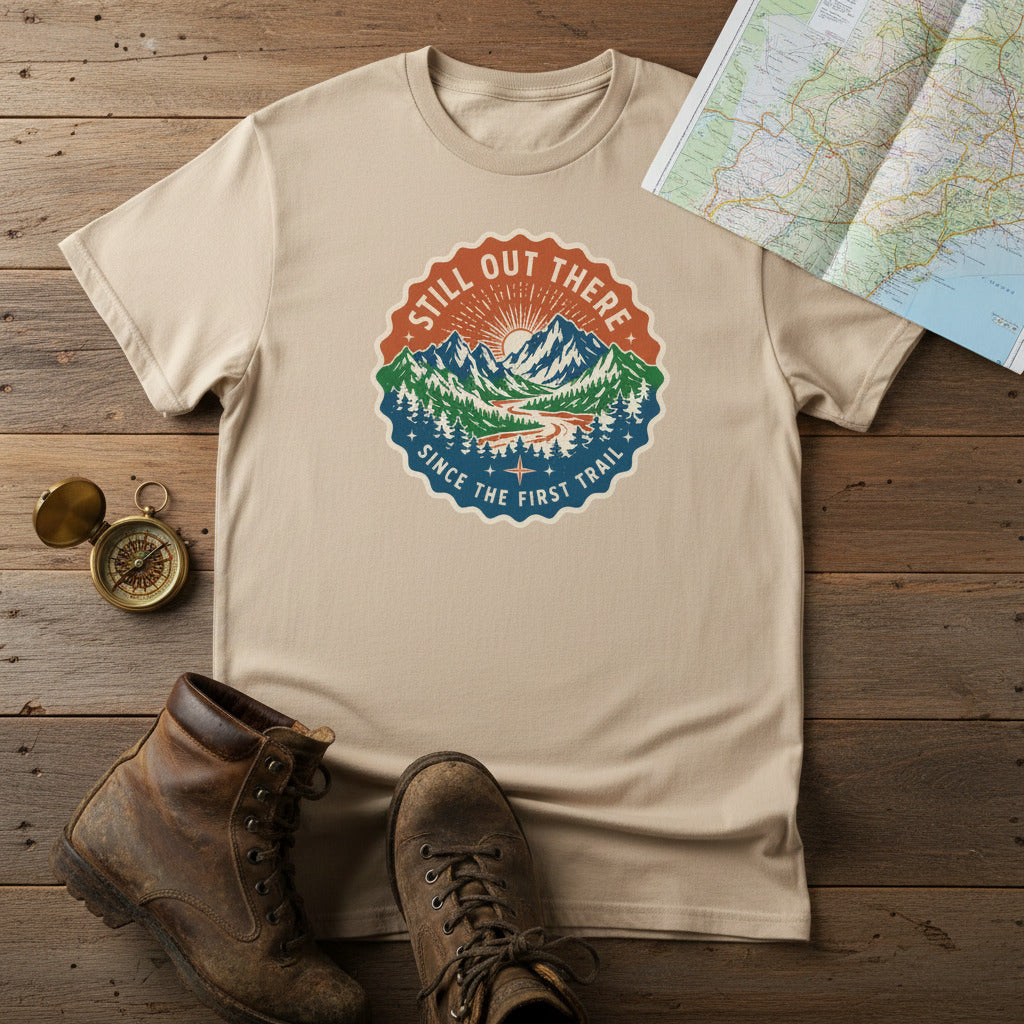 Sand hiking t-shirt with circular trail badge graphic at center chest.