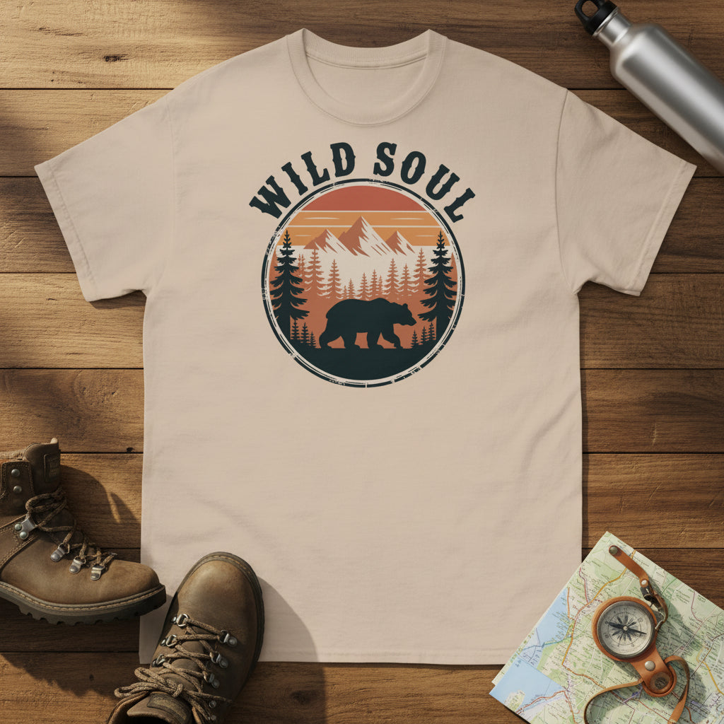 Natural cream bear camping T-shirt with round forest bear logo and 'WILD SOUL'