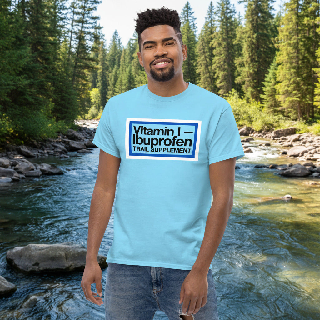 Light blue Ibuprofen trail supplement T-shirt with rectangular logo front print