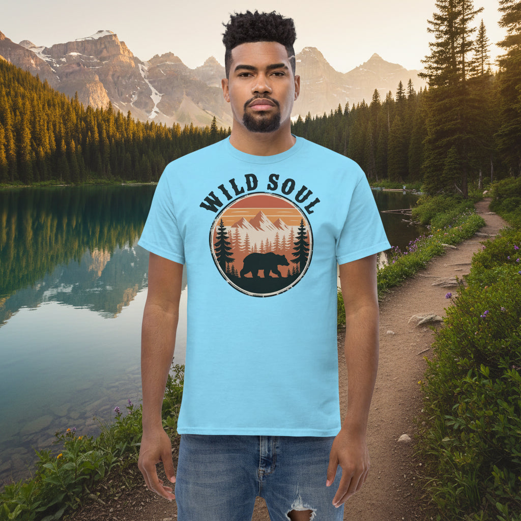 Wild Soul camping T-shirt, light blue with circular bear and forest graphic