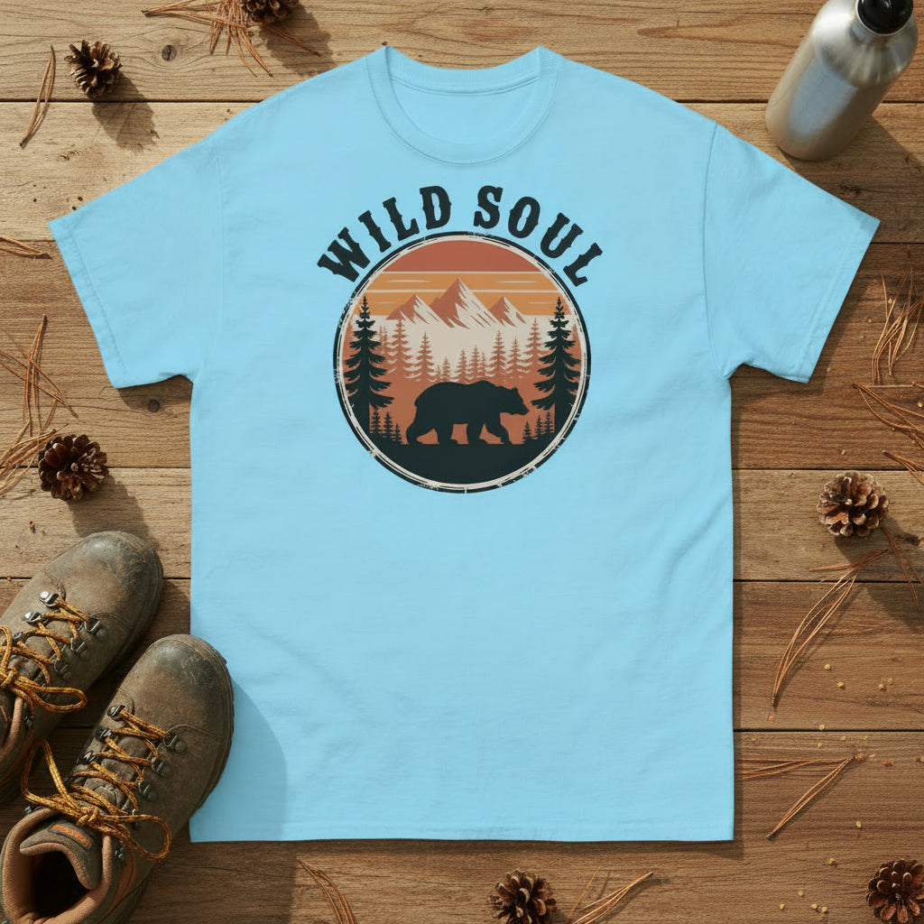 Sky blue bear camping T-shirt with round forest bear logo and 'WILD SOUL'