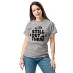 Heather gray hiking T-shirt with black "Still Out There" logo graphic on the chest