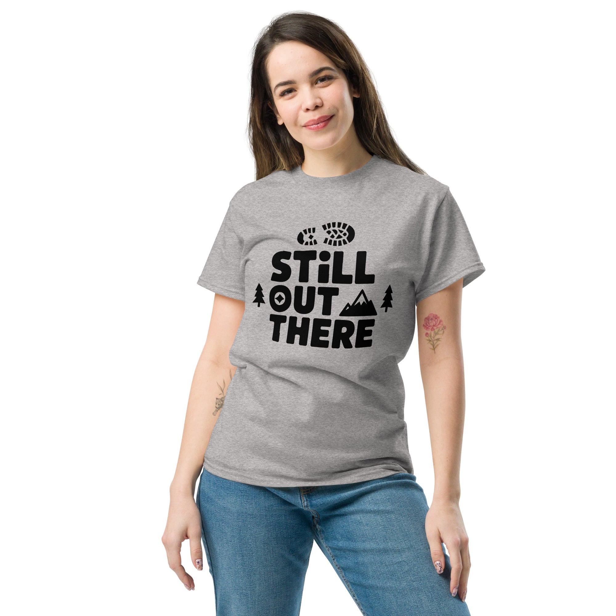Heather gray hiking T-shirt with black "Still Out There" logo graphic on the chest
