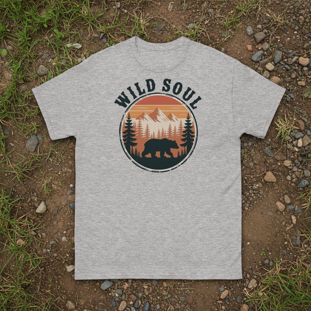 Sport grey bear camping T-shirt with round forest bear logo and 'WILD SOUL'