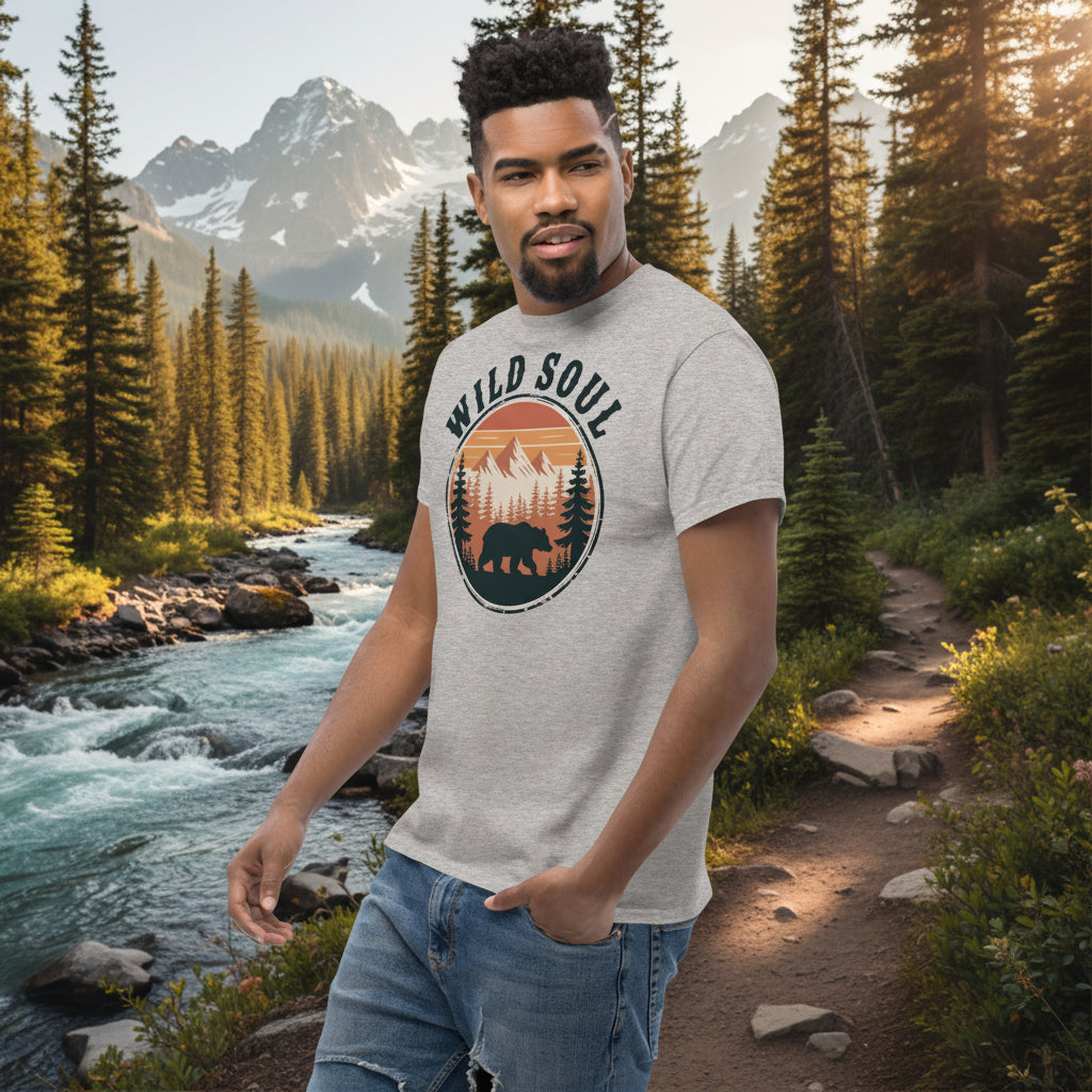 Sport grey bear camping T-shirt with round forest bear logo and 'WILD SOUL'