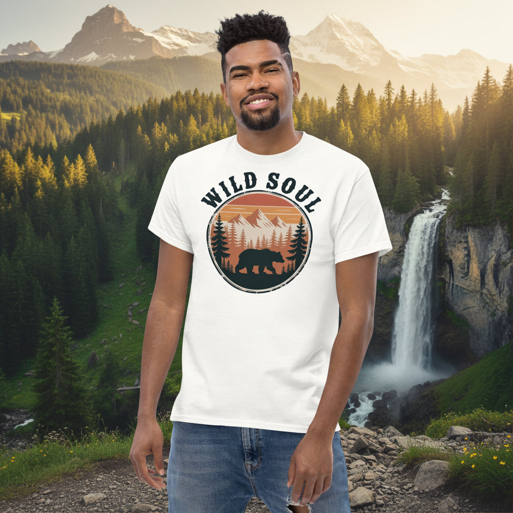 Wild Soul camping T-shirt, white with circular bear and forest logo