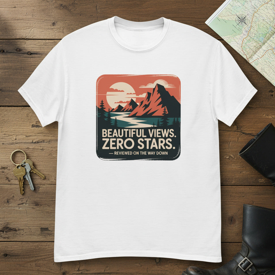 White hiking T-shirt with mountain graphic and “Beautiful Views. Zero Stars” square print.