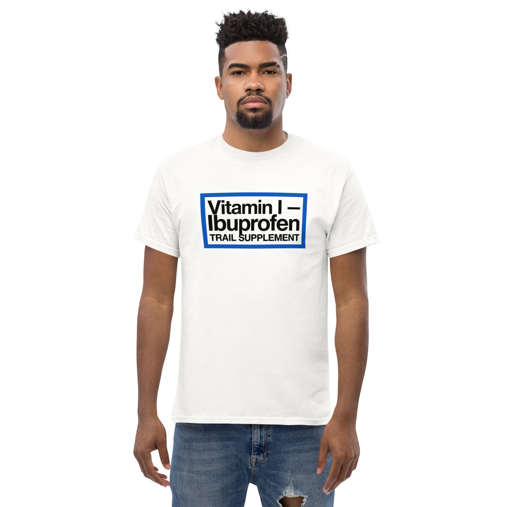 White Ibuprofen trail supplement T-shirt with rectangular logo front print