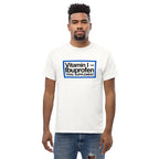 White Ibuprofen trail supplement T-shirt with rectangular logo front print