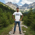 White hiking T-shirt with front 'Vitamin I–Ibuprofen' trail supplement logo, worn