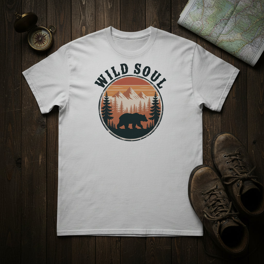 Wild Soul camping T-shirt, white flat lay with circular bear forest emblem