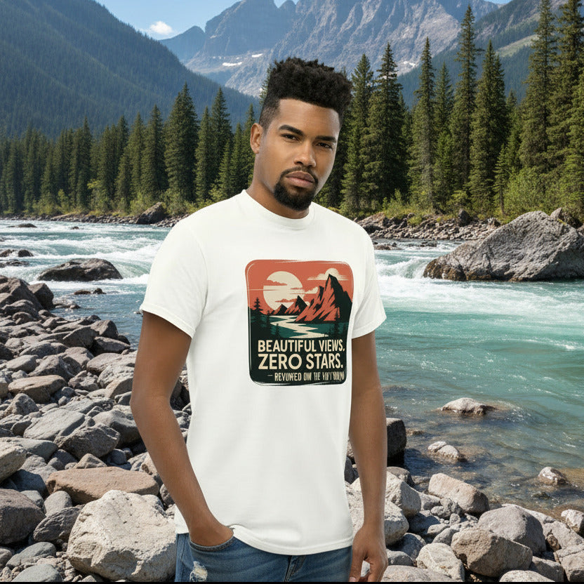 White hiking T-shirt with mountain graphic and “Beautiful Views. Zero Stars” print.