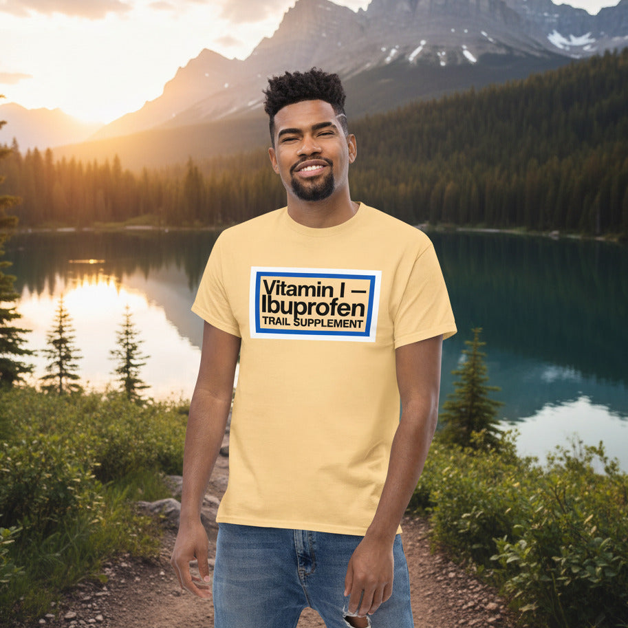 Tan Ibuprofen trail supplement T-shirt with rectangular logo front print