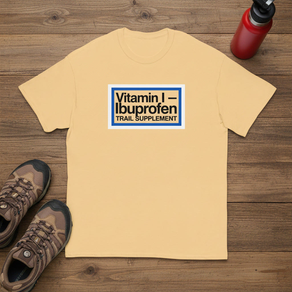 Yellow hiking T-shirt with front 'Vitamin I–Ibuprofen' trail supplement logo