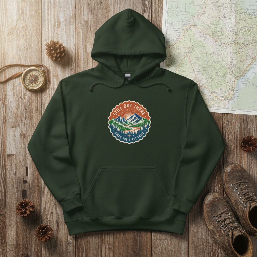 Forest green pullover hoodie with hood and front pocket, featuring mountain graphic chest logo.