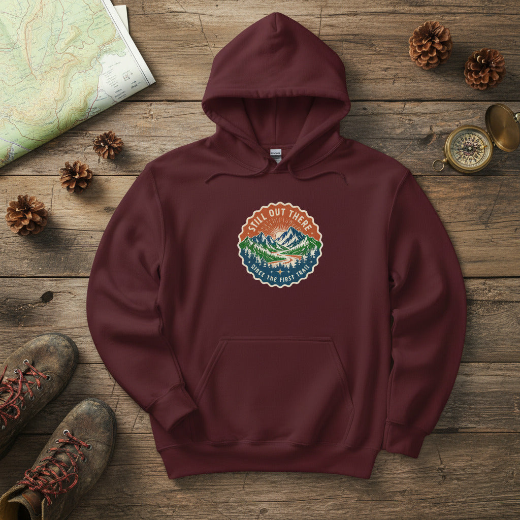 Maroon pullover hoodie with hood and front pocket, featuring mountain graphic chest logo.