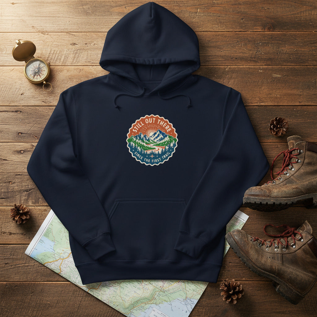Navy pullover hoodie with hood and front pocket, featuring mountain graphic chest logo.