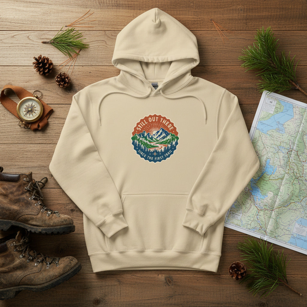 Sand pullover hoodie with hood and front pocket, featuring mountain graphic chest logo.