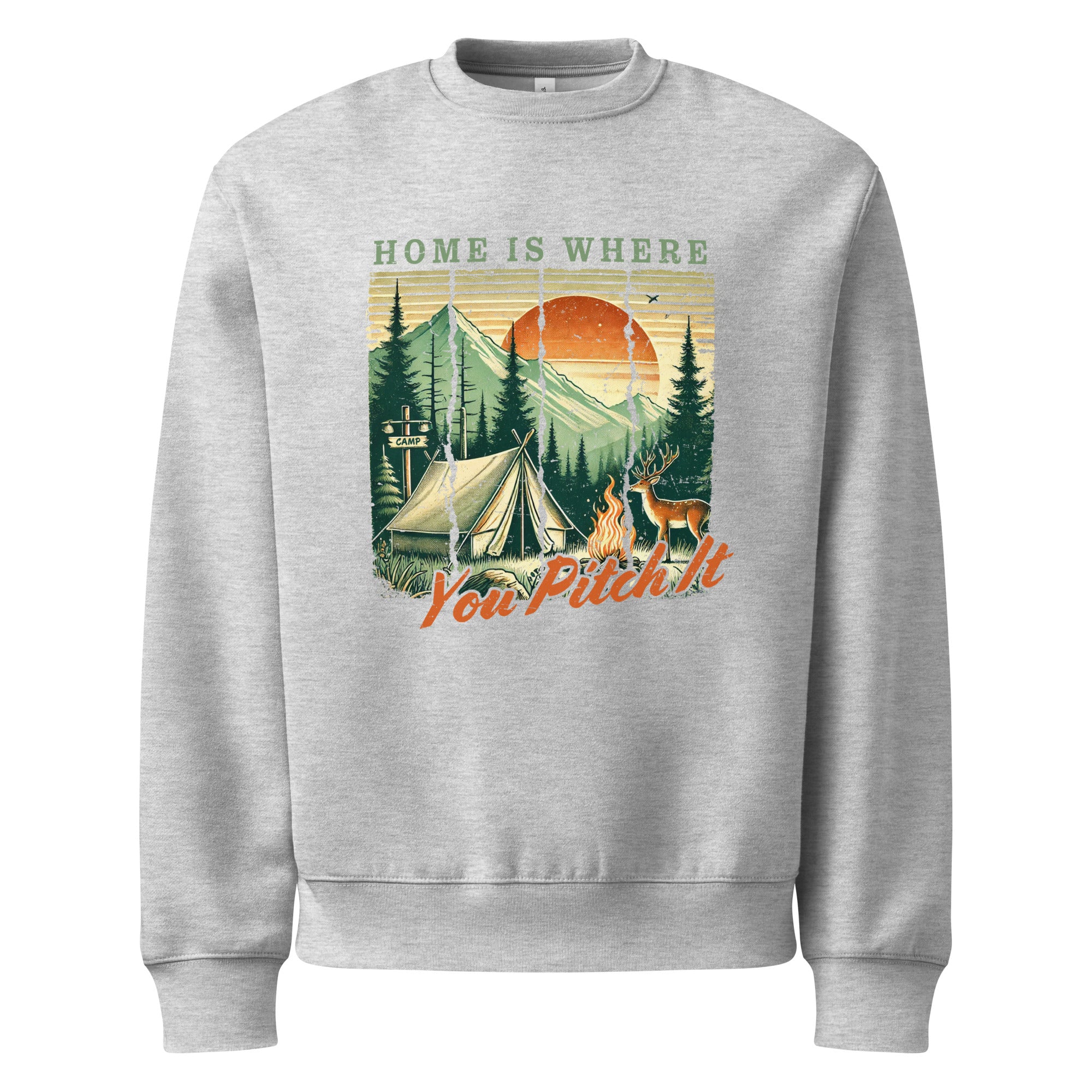 Gray crewneck sweatshirt with camping tent landscape graphic and slogan