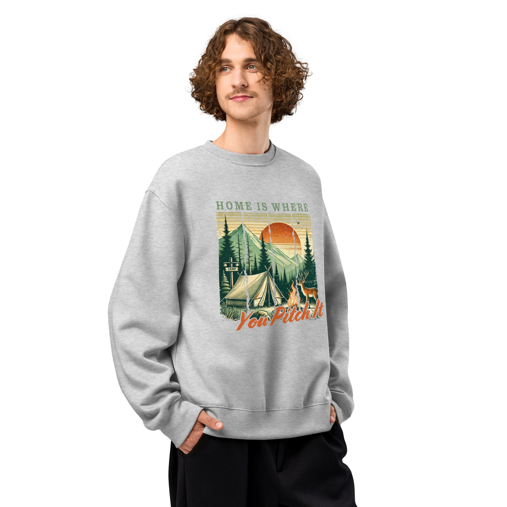 Light gray oversized sweatshirt with camping graphic and “Home is where You Pitch It” print