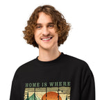 Black oversized sweatshirt with camping graphic and “Home is where You Pitch It” print