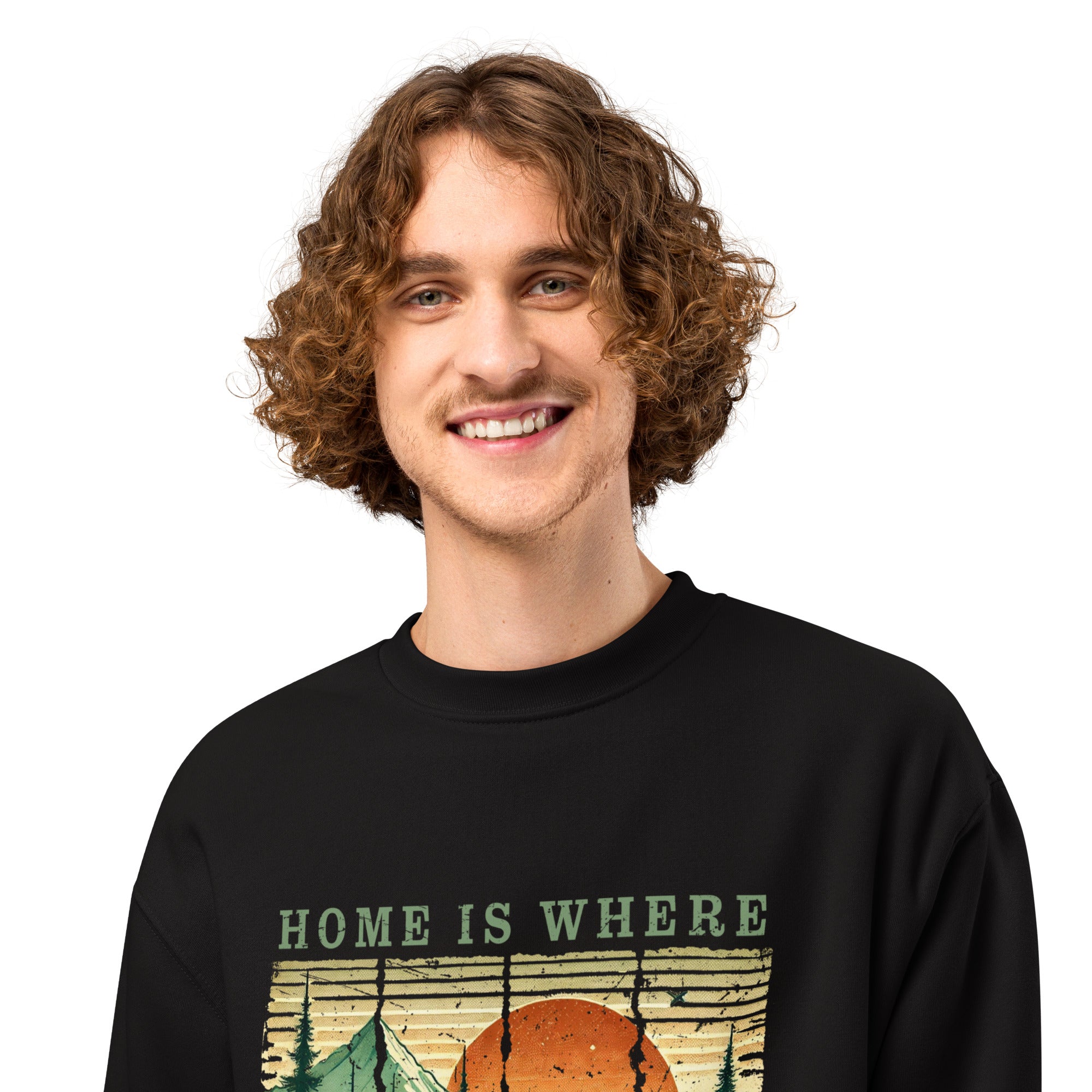 Black oversized sweatshirt with camping graphic and “Home is where You Pitch It” print