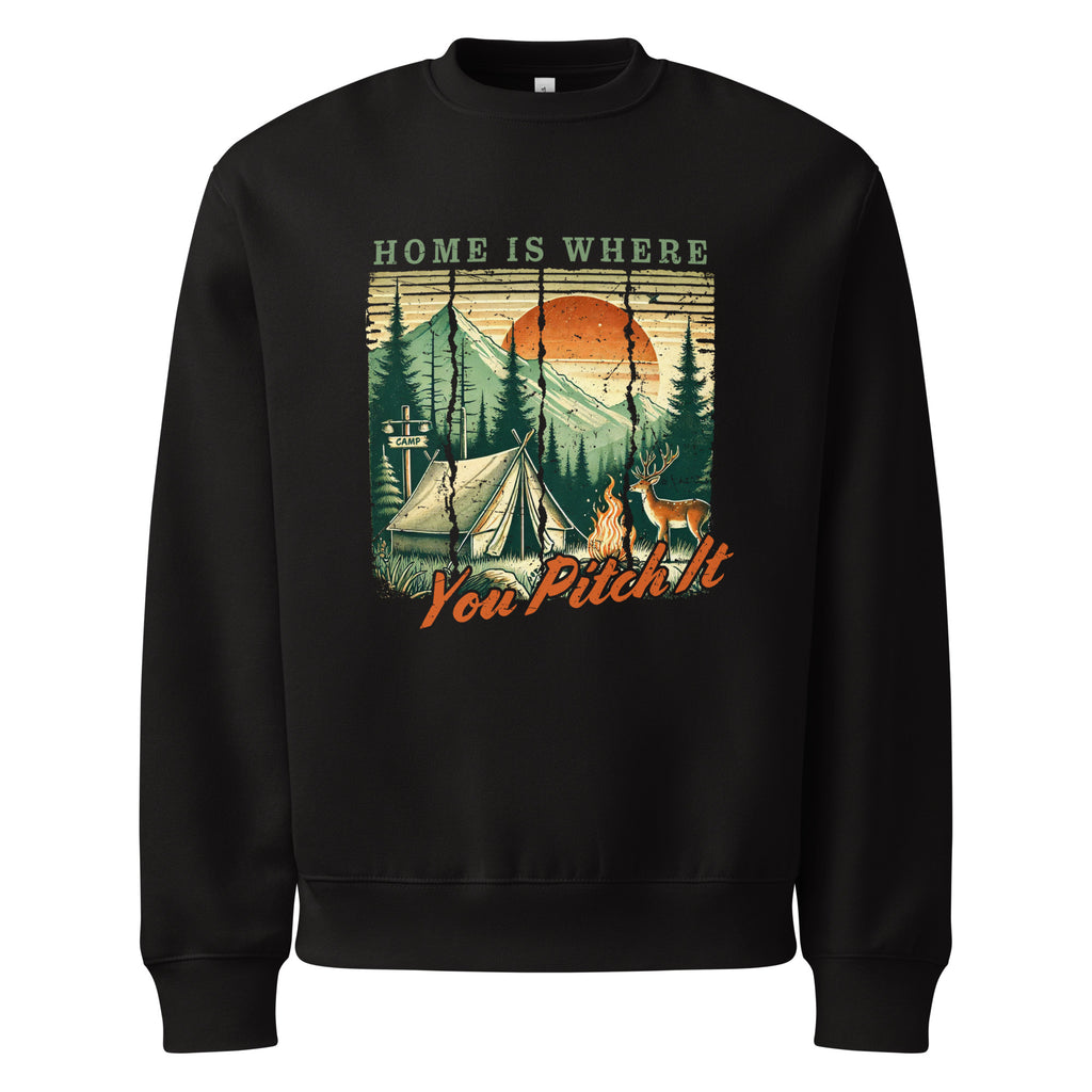 Black oversized sweatshirt with camping graphic and “Home is where You Pitch It” print