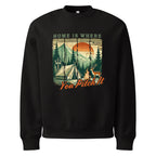 Black oversized sweatshirt with camping graphic and “Home is where You Pitch It” print