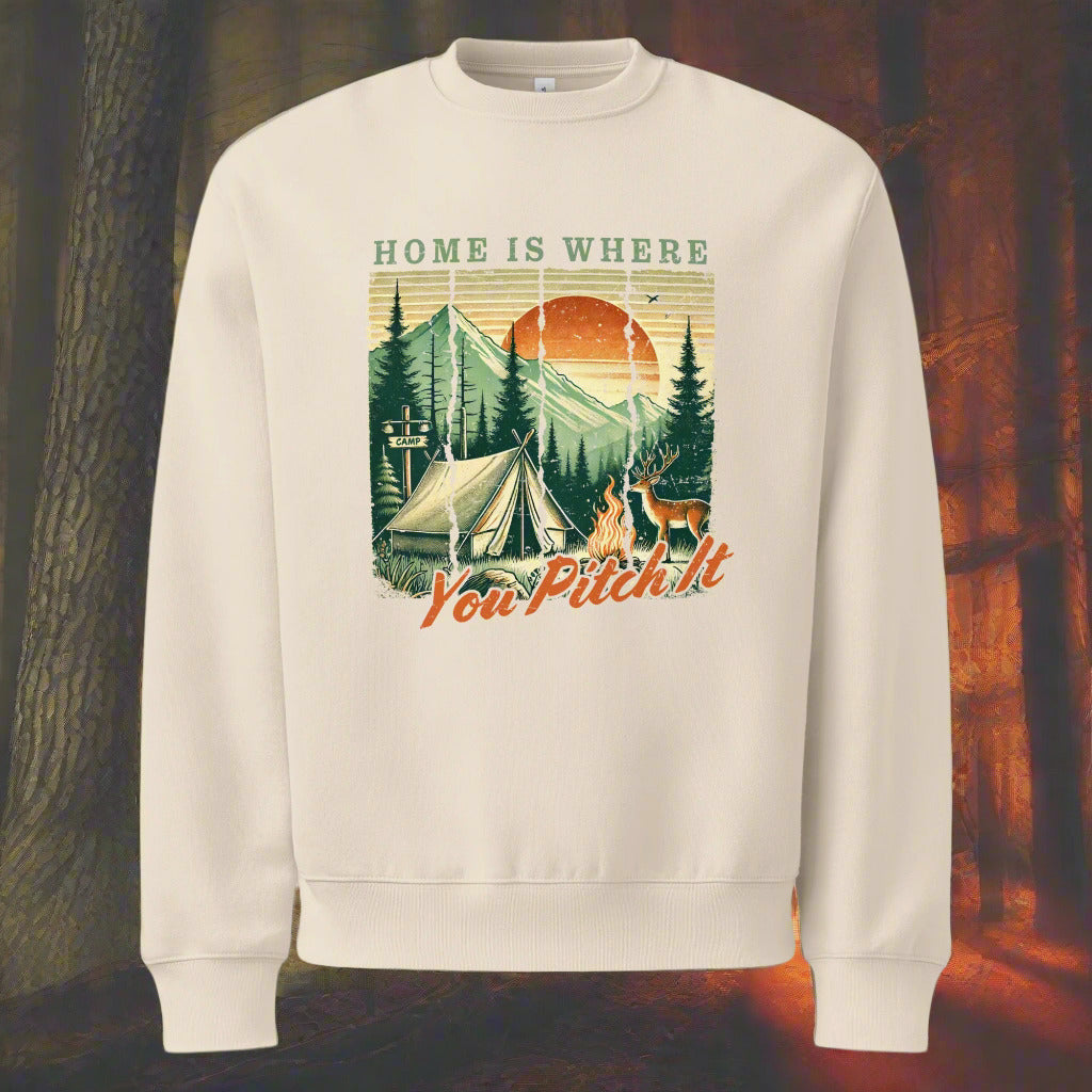 White oversized sweatshirt with camping graphic and “Home is where You Pitch It” print