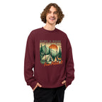 Maroon oversized sweatshirt with camping graphic and “Home is where You Pitch It” print