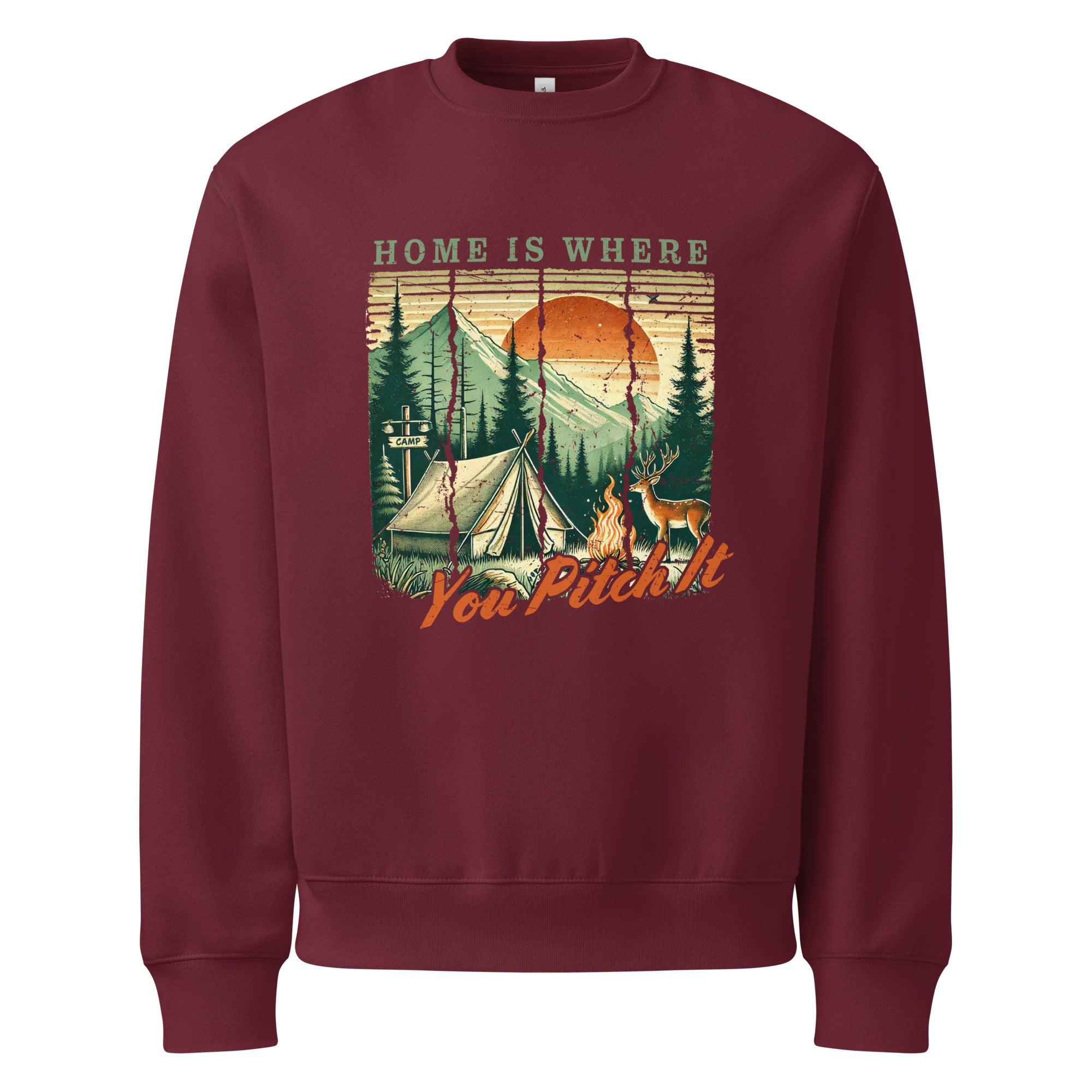 Burgundy oversized sweatshirt with camping graphic and “Home is where You Pitch It” print