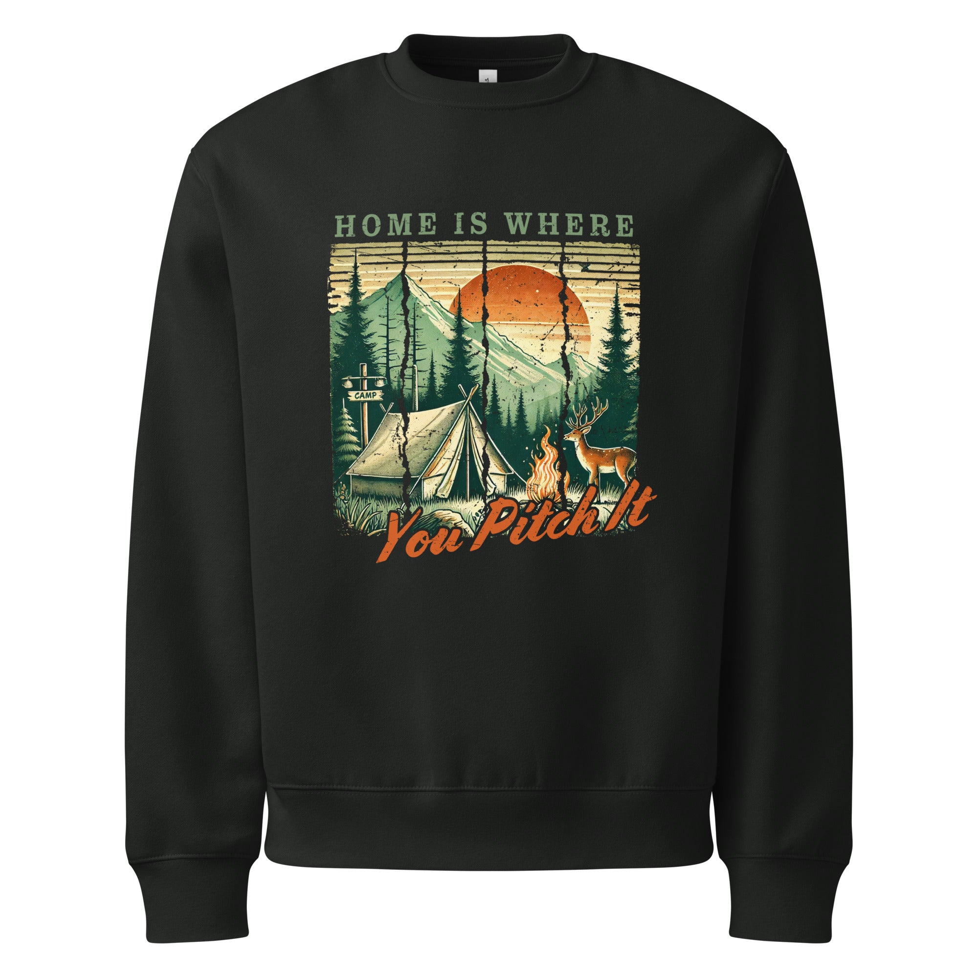 Dark black oversized sweatshirt with camping graphic and “Home is where You Pitch It” print