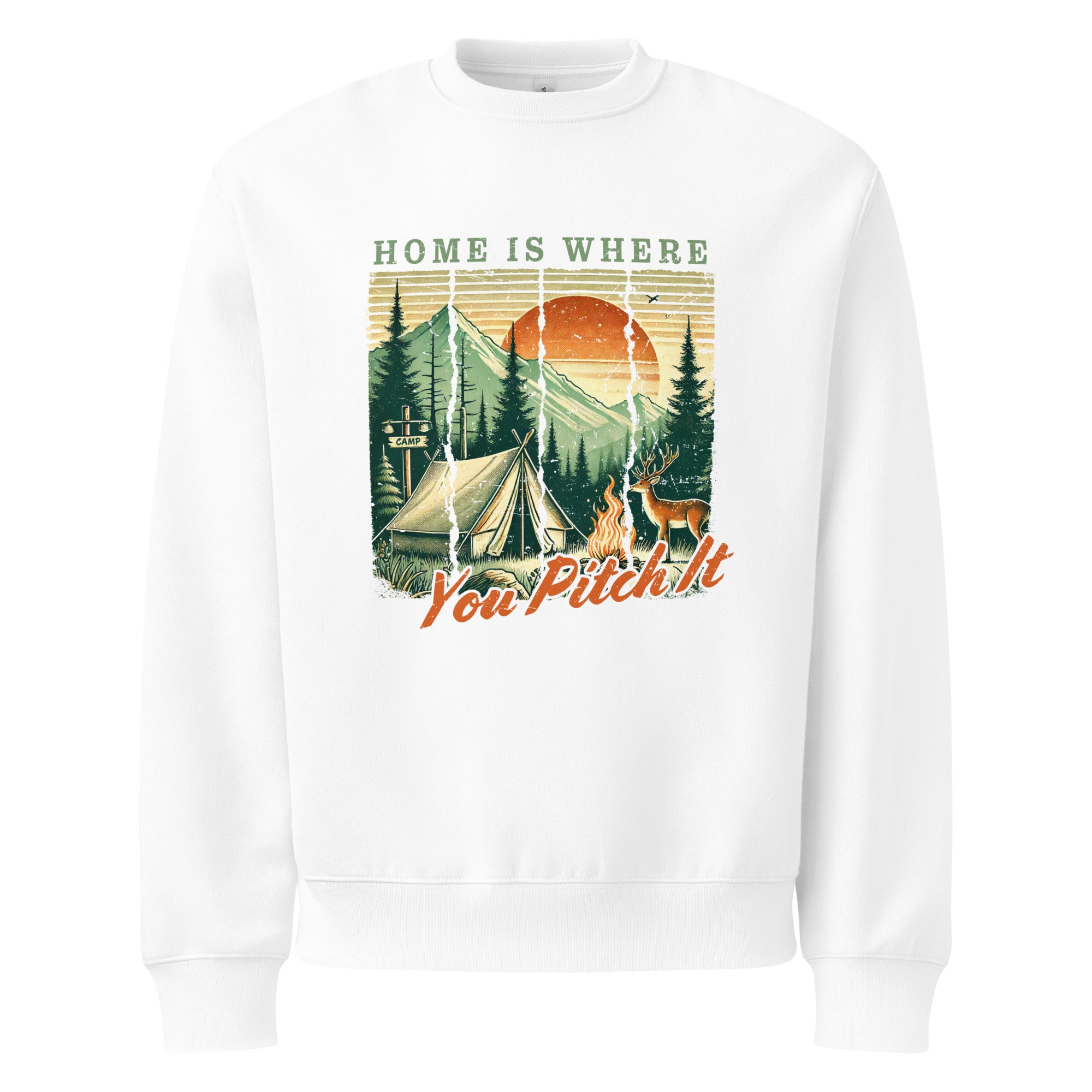 White oversized sweatshirt with camping graphic and “Home is where You Pitch It” print