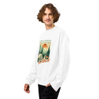 White oversized crewneck sweatshirt with camping graphic and slogan