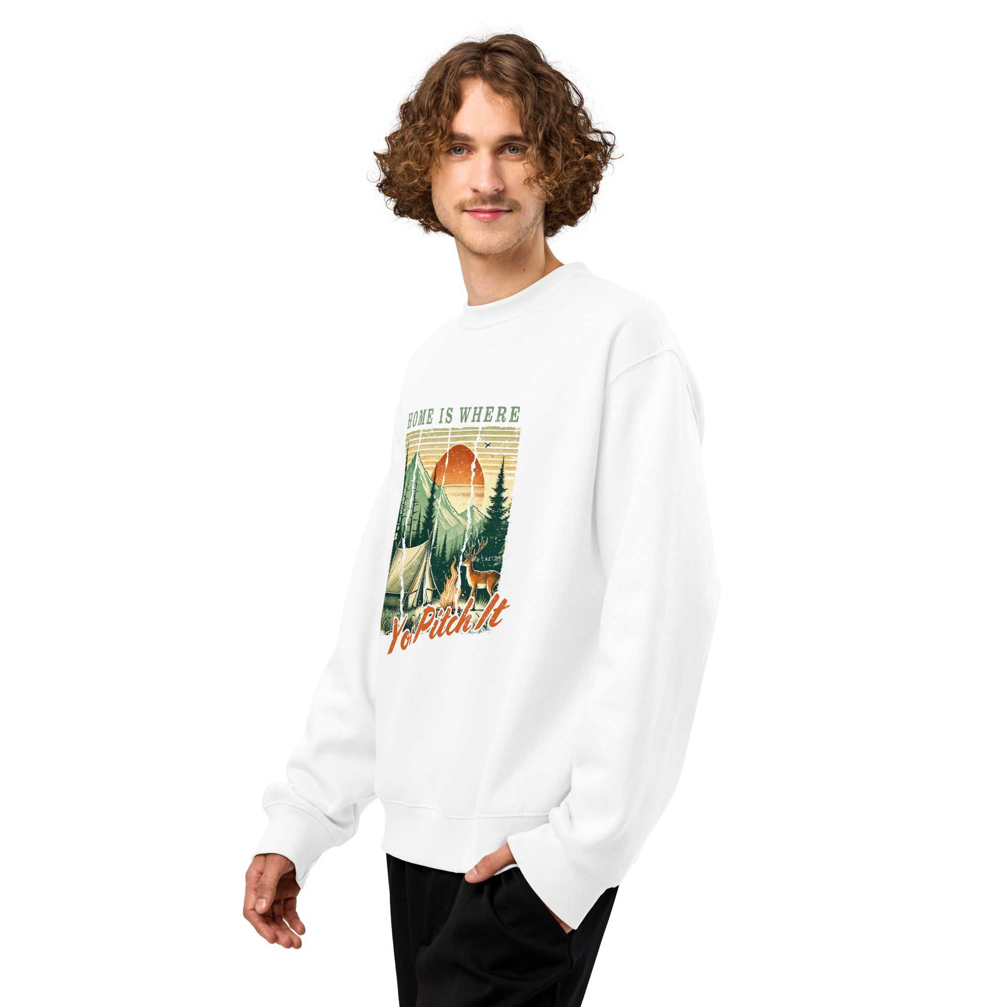 White oversized crewneck sweatshirt with camping graphic and slogan