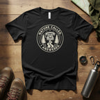 Black camping graphic t-shirt with circular Nature Called I Answered logo print